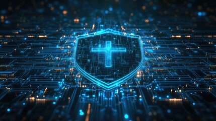 Digital Shield with Cross in a Futuristic Circuit Environment: A Powerful Representation of Cybersecurity, Data Protection, and Advanced Network Defense