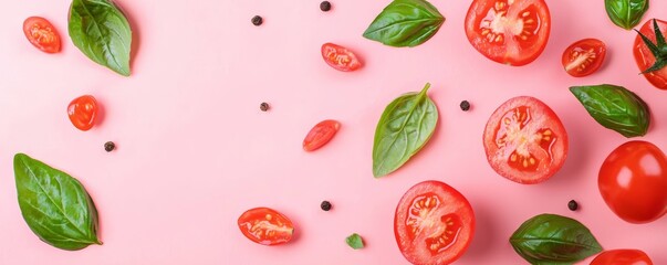 Sliced tomatoes and basil leaves scattered on a blush pink background with delicate dotted textures.