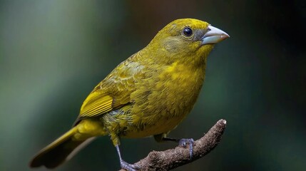Obraz premium A small yellow bird with a white beak perched on a branch.