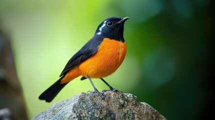 Naklejka premium A small, brightly colored bird with black, white, and orange plumage perches on a rock in a natural setting.