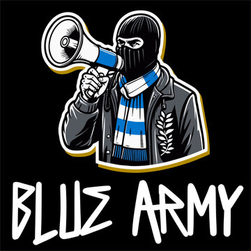 Illustrator vector sticker of Football Supporter Hold Megaphone style Ultras Hooligan Blue Army