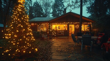 darkness falls house patio christmas time outside night