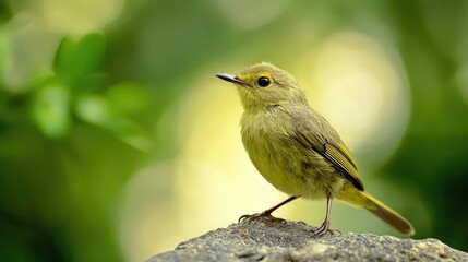 Obraz premium A small, yellow bird with a long tail perches on a rock in a forest setting.