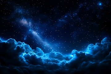 Deep Blue Starry Night Sky with Illuminated Clouds Background Wallpaper