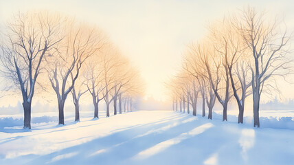 冬の朝霧に立ち並ぶ木々