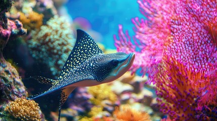 Obraz premium A spotted eagle ray swims past a coral reef with pink soft coral.