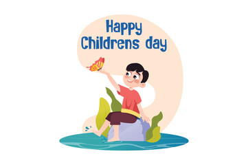 A cheerful boy sitting on a rock in water, holding a colorful butterfly, celebrating Children's Day. Vector illustration