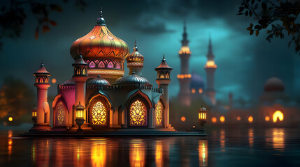 Fototapeta premium Mosque on Water at Night - 3D Illustration