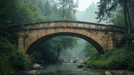 Fototapeta premium A stone arch bridge crosses a small river in a misty forest.