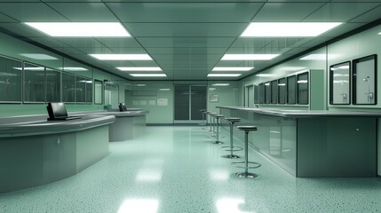 Obraz premium A sterile, green laboratory with rows of countertops and stools.