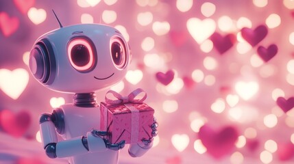 Cute robot holding a Valentines gift, surrounded by hearts and soft pink lighting, capturing a romantic holiday mood