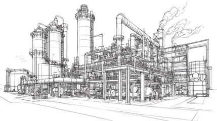 High tech fuel refinery plant complex with intricate pipelines and structures, showcasing advanced industrial design and engineering