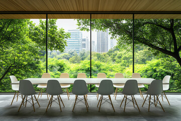Elegant Modern Meeting Room with Panoramic Cityscape and Sunset Views, Featuring Sleek Furniture and Spacious Design for Corporate, Executive, and Professional Gatherings