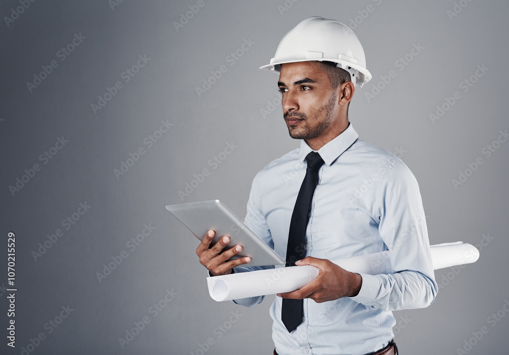 Aufkleber construction, blueprint and man on tablet in studio with online design, floorplan and building proje