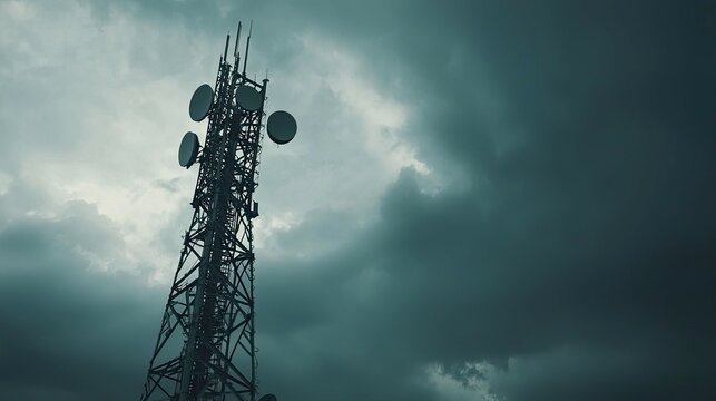 A tall communication tower with multiple antennas reaches up into a dark, stormy sky. - Powered by Adobe