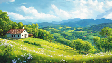 Serene outdoor landscape of green hills and a countryside house in nature