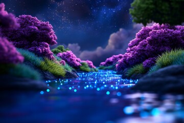 Fantasy Landscape with Glowing River and Purple Blossoms Under Starry Night