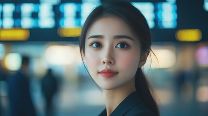 Naklejka premium A woman in a black jacket at the airport. The image depicts a woman at an airport terminal with a blurry background. It is suitable for promoting travel and tourism.