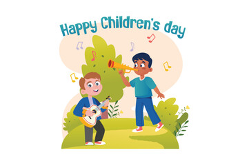 Two children celebrate Children's Day by playing music. One plays guitar while the other uses a trumpet. Vector illustration