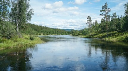 Obraz premium A tranquil river flows through a lush green forest, with a blue sky and white clouds overhead.