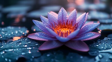 A Water Lily Blossom with Dew Drops on Petals