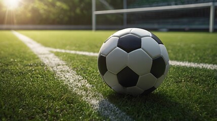close-up photo of black and white soccer ball on field on sunny day. generative ai