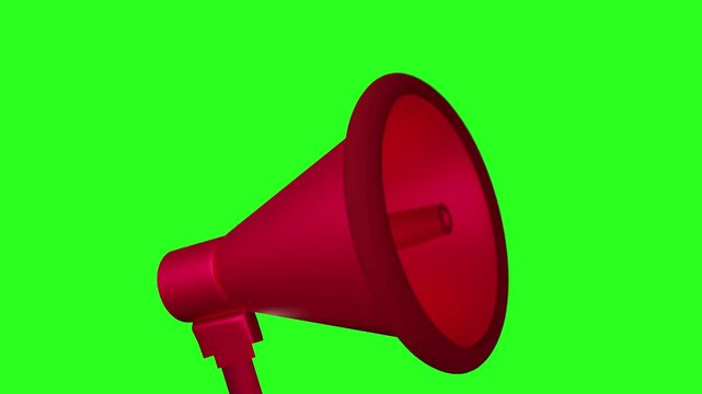 A loud speaker megaphone pops up on the white and green screen background, with 4k animation. A red megaphone appears for the announcement. Sound, loud, announcing, keying