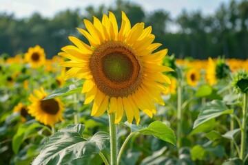 Fototapeta premium Single sunflower is standing tall in a field of sunflowers