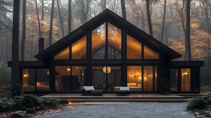 Fototapeta premium A modern house in the woods with black metal accents, large windows