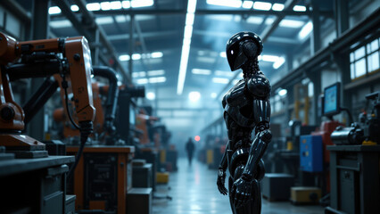 Futuristic factory with humanoid robot in motion.