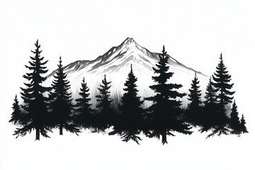 Mountain silhouette pine trees against white background.