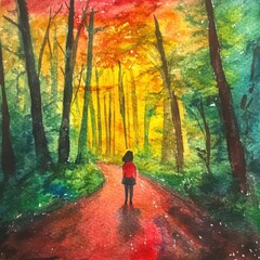 Person walking down a vibrant forest path surrounded by colorful autumn trees.