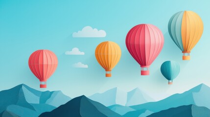 Obraz premium Colorful hot air balloons float above stylized mountains against a vibrant blue sky