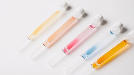 Colorful Liquid Samples in Glass Tubes on White Background