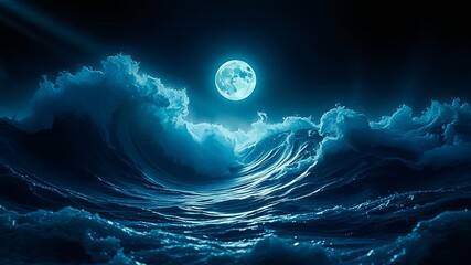 A symphony of crashing waves beneath a luminous full moon, illuminating the dark expanse of the nocturnal ocean.