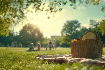 picnic in a sunny park, with a picnic blanket, basket, and children playing in the background