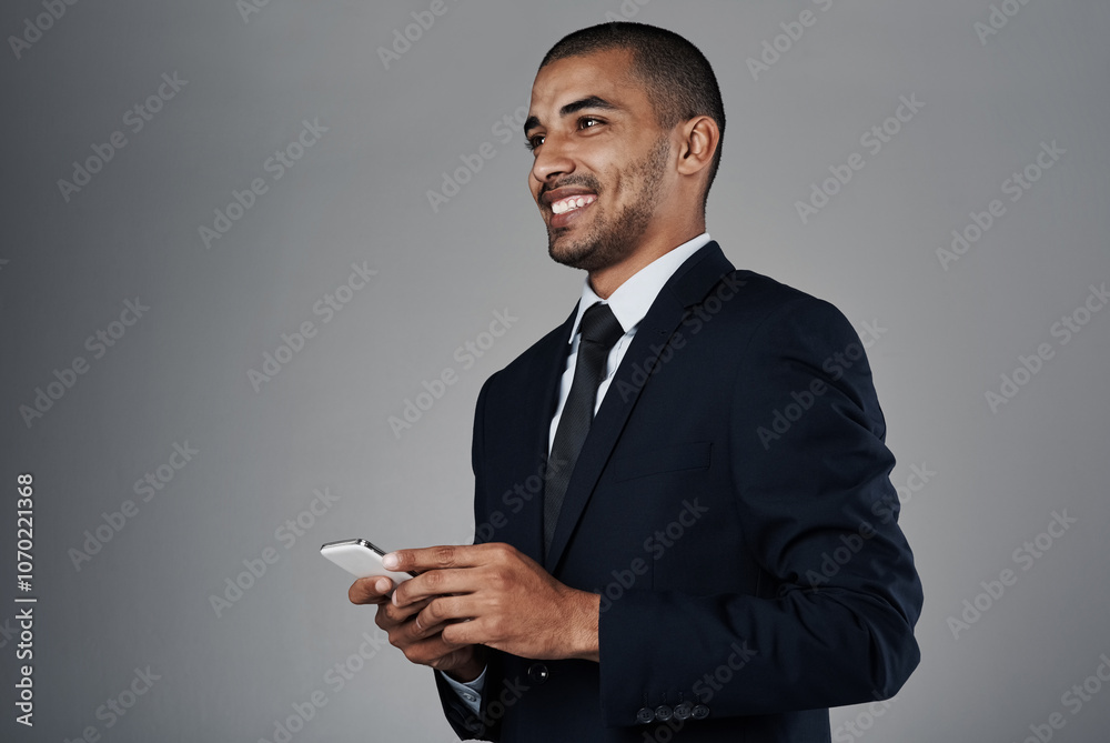 Poster business, studio and happy man with phone, thinking or online chat for networking ideas. typing, sma