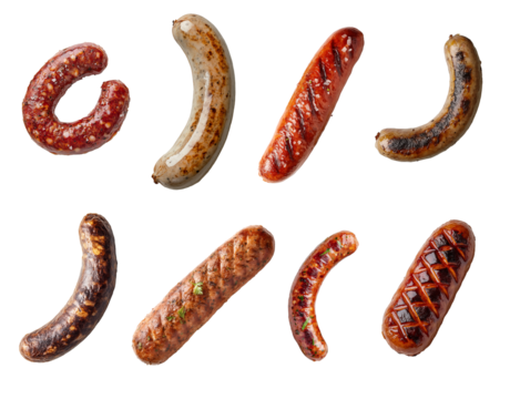 Sausages collection isolated on transparent background. Generative AI