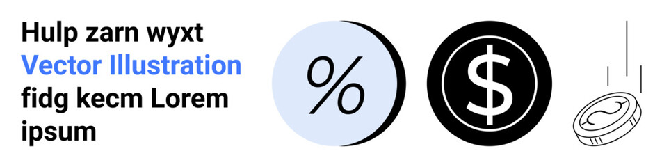 Percentage symbol in blue circle, dollar sign in black circle, and falling coin with motion lines. Ideal for finance, banking, investment, economics, budgeting, marketing, and presentations. Landing