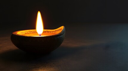 A Clay Oil Lamp with a Flickering Flame in a Dark Room