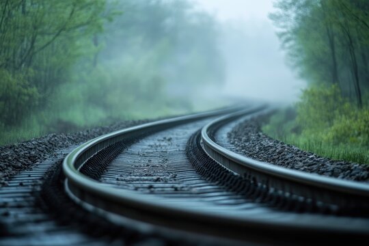 A train track is winding its way through a fogladen forest