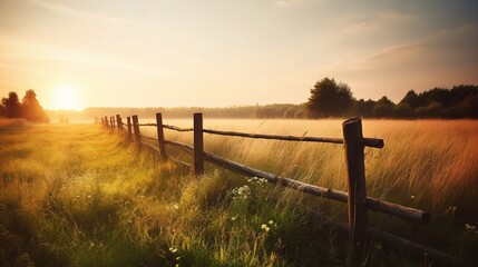 Fototapeta premium Serene Sunset Over Pastoral Landscape with Wooden Fence