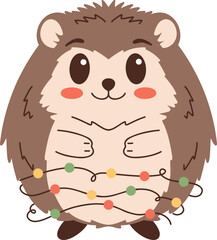Cute Hedgehog with Christmas Lights Holiday Animal Illustration