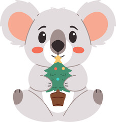 Adorable Koala Holding Christmas Tree Festive Holiday Animal Illustration