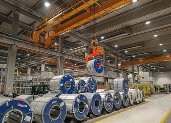 Steel coil being transported on a crane in a car factory