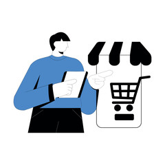 man with tablet pointing at storefront with shopping cart icon vector illustration