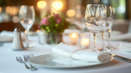 キャンドルと白いクロスで飾られた結婚披露宴のテーブル