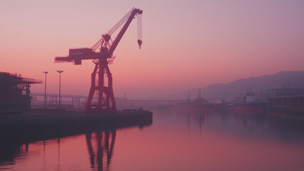 Fototapeta premium 神戸港のクレーンと朝の静かな海