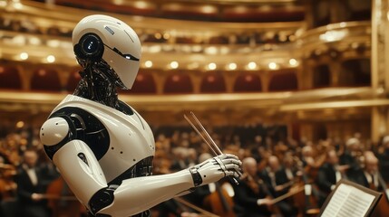 Fototapeta premium A robotic conductor leads an orchestra. This image depicts a futuristic vision of music, where technology plays a role in artistic expression.