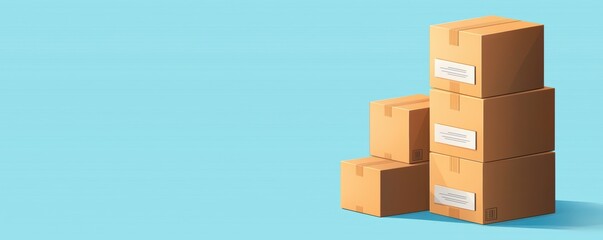 A minimalistic image featuring stacked cardboard boxes against a light blue background,e-commerce or shipping themes.